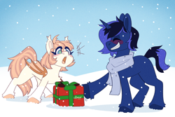 Size: 3000x2000 | Tagged: safe, artist:lionbun, derpibooru import, oc, oc only, oc:honey milk, oc:lunaris, bat pony, unicorn, blushing, clothes, female, kofi, kofi reward, male, mare, present, scarf, snow, snowfall, stallion, surprised, winter