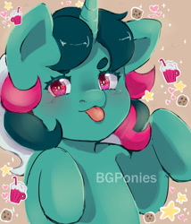 Size: 827x966 | Tagged: safe, artist:bgponies, derpibooru import, fizzy, pony, twinkle eyed pony, unicorn, :p, beanbrows, blushing, eyebrows, solo, tongue, tongue out