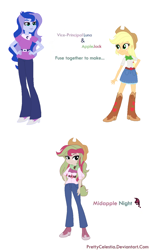 Size: 828x1392 | Tagged: safe, artist:prettycelestia, derpibooru import, applejack, princess luna, vice principal luna, human, equestria girls, belt buckle, clothes, four arms, fusion, high heels, long pants, multiple arms, scarf, shoes, simple background, white background