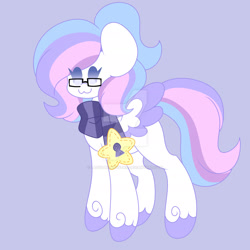 Size: 1920x1920 | Tagged: safe, artist:ladylullabystar, derpibooru import, oc, oc:lullaby star, pegasus, pony, :3, alternate design, clothes, deviantart watermark, female, glasses, mare, obtrusive watermark, scarf, simple background, solo, watermark