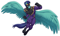 Size: 8828x5382 | Tagged: safe, artist:ponyanony, derpibooru import, oc, oc only, oc:counterfort, anthro, pegasus, male, muscles, muscular male, shadowbolts, simple background, solo, spread wings, white background, wings