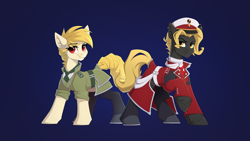 Size: 3840x2160 | Tagged: safe, artist:strafe blitz, derpibooru import, oc, oc:coldstream, oc:palisade, earth pony, pony, clothes, duo, military uniform, stockings, thigh highs, uniform