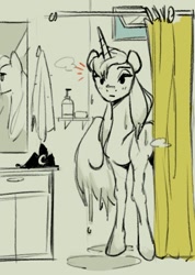 Size: 514x720 | Tagged: safe, artist:cadillacdynamite, derpibooru import, princess luna, alicorn, pony, bathroom, crown, jewelry, regalia, shower curtain, solo, wet, wet mane