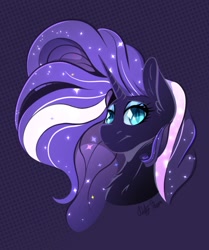 Size: 920x1103 | Tagged: safe, artist:orbitingdamoon, derpibooru import, nightmare rarity, pony, unicorn, bust, female, mare, purple background, simple background, solo