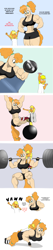 Size: 1606x7522 | Tagged: safe, artist:matchstickman, derpibooru import, applejack, pear butter, anthro, earth pony, abs, barbell, biceps, breasts, busty pear butter, clothes, comic, dumbbell (object), duo, exercise, female, filly, filly applejack, foal, mare, mother and child, mother and daughter, muscles, muscular female, parent and child, pear buffer, push-ups, sleeping, weight lifting, weights, workout, younger
