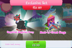 Size: 1270x855 | Tagged: safe, derpibooru import, earth pony, pony, background character, background pony, beard, bundle, bush, camera, clothes, costs real money, counterparts, curtains, english, facial hair, gameloft, glasses, male, necktie, numbers, official, pants, penn jillette, photo, sale, solo, solo focus, stallion, suit, text