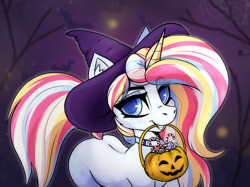 Size: 2127x1594 | Tagged: safe, artist:dushnila, derpibooru import, oc, oc only, bat, pony, spider, unicorn, accessories, blue eyes, candy, candy cane, clothes, collar, costume, food, halloween, halloween costume, hat, holiday, moon, pumpkin bucket, solo, spider web, tree, witch hat