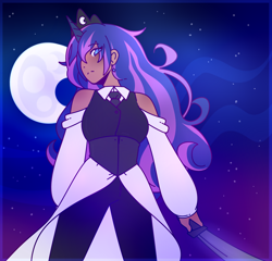 Size: 2500x2400 | Tagged: safe, artist:fuzzystarart, derpibooru import, princess luna, human, better source needed, blue eyes, clothes, crown, cute, cyan eyes, dress, gift art, horn, horned humanization, humanized, jewelry, long hair, moon, night, night sky, regalia, sky, solo, staring at you, suit, sword, tuxedo, weapon