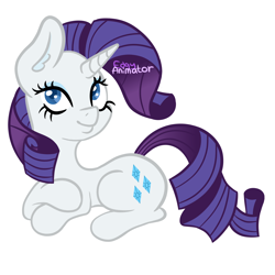 Size: 2000x2000 | Tagged: safe, artist:edgyanimator, derpibooru import, rarity, pony, unicorn, blue eyes, blue eyeshadow, crossed arms, cute, cutie mark, digital art, ear fluff, ears, eyeshadow, fanart, female, firealpaca, full body, high res, horn, looking up, lying down, makeup, mare, png, prone, purple hair, simple, simple background, smiling, solo, tail, watermark, white background, white coat
