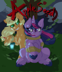 Size: 1001x1158 | Tagged: safe, artist:darkwatertopaz, derpibooru import, applejack, twilight sparkle, twilight sparkle (alicorn), alicorn, earth pony, pony, fanfic:appleseed, bondage, crazy grin, crying, duo, fanfic art, female, kidnapped, rope, rope bondage, this will end in death