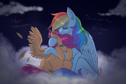 Size: 3000x2000 | Tagged: safe, artist:htotnesnahac, derpibooru import, rainbow dash, scootaloo, pegasus, pony, cloud, comforting, crying, duo, duo female, female, filly, foal, mare