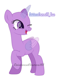 Size: 1280x1671 | Tagged: safe, artist:existencecosmos188, derpibooru import, oc, oc only, alicorn, pony, alicorn oc, bald, base, eyelashes, female, horn, looking back, mare, one eye closed, raised hoof, raised leg, simple background, smiling, solo, transparent background, wings, wink