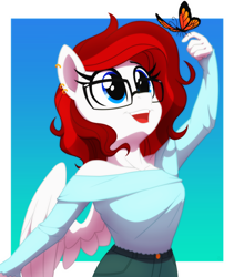 Size: 1620x1920 | Tagged: safe, artist:whitequartztheartist, derpibooru import, oc, anthro, butterfly, pegasus, pony, anthro oc, simple background, solo