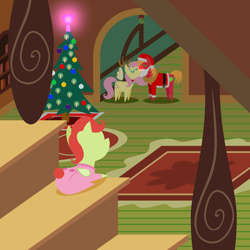 Size: 2160x2160 | Tagged: safe, anonymous artist, derpibooru import, big macintosh, fluttershy, oc, oc:late riser, earth pony, pegasus, pony, series:fm holidays, series:hearth's warming advent calendar 2022, advent calendar, animal costume, baby, baby pony, bell, bell collar, christmas, christmas tree, clothes, collar, colt, costume, eyes closed, fake antlers, fake beard, female, fluttermac, fluttershy's cottage, foal, footed sleeper, footie pajamas, hat, high res, holiday, kissing, lineless, male, mare, mistletoe, offspring, onesie, pajamas, parent:big macintosh, parent:fluttershy, parents:fluttermac, pointy ponies, red nose, reindeer costume, santa costume, santa hat, shipping, stairs, stallion, straight, tree, watching