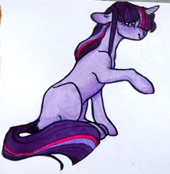 Size: 2308x2360 | Tagged: safe, artist:cherryseas, derpibooru import, twilight sparkle, unicorn twilight, pony, unicorn, female, mare, missing cutie mark, raised hoof, raised leg, solo, traditional art