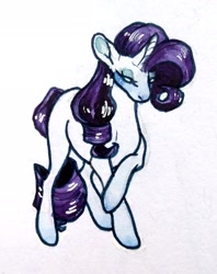 Size: 1852x2344 | Tagged: safe, artist:cherryseas, derpibooru import, rarity, pony, unicorn, female, mare, missing cutie mark, raised hoof, raised leg, solo, traditional art