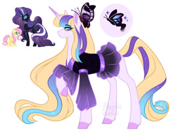 Size: 1024x789 | Tagged: safe, artist:purplegrim40, derpibooru import, fluttershy, nightmare rarity, oc, butterfly, pegasus, pony, unicorn, beauty mark, clothes, dress, female, magical lesbian spawn, mare, offspring, parent:fluttershy, parent:nightmare rarity, parent:rarity, parents:flarity, simple background, white background