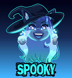Size: 1024x1098 | Tagged: safe, artist:purplegrim40, derpibooru import, oc, oc only, earth pony, pony, :d, bust, earth pony oc, gradient background, hat, open mouth, open smile, smiling, witch hat