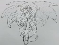 Size: 2344x1812 | Tagged: safe, artist:shadowhawx, sunset shimmer, equestria girls, my past is not today, black and white, boots, clothes, flying, grayscale, monochrome, photo, shirt, shorts, sketch, solo, sunset phoenix, traditional art, wings