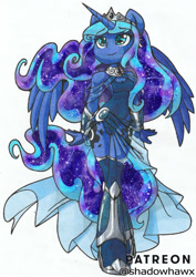 Size: 1024x1445 | Tagged: safe, artist:shadowhawx, princess luna, alicorn, anthro, unguligrade anthro, boots, jewelry, see-through, simple background, solo, tiara, traditional art, white background