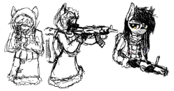 Size: 1280x675 | Tagged: safe, artist:zebra, ponerpics import, anthro, aks-74u, backpack, balaclava, chest rig, clothes, gloves, goggles, grenade launcher, gun, hood, ms paint, rifle, sketch, tactical vest, weapon, winter coat, winter jacket, winter outfit