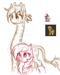 Size: 639x789 | Tagged: safe, artist:zebra, ponerpics import, oc, oc only, giraffe, pony, zebra, bandana, height difference, pony town, ponytail