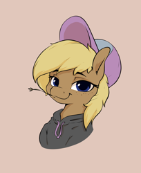 Size: 1942x2381 | Tagged: safe, artist:aquaticvibes, ponerpics import, oc, oc only, oc:hay bale, earth pony, pony, beige background, blonde, blonde mane, blue eyes, bust, cap, clothes, female, freckles, hat, hoodie, looking at you, mare, mouth hold, simple background, smiling, smiling at you, straw in mouth