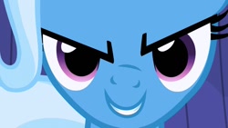 Size: 1280x720 | Tagged: safe, derpibooru import, screencap, trixie, pony, unicorn, boast busters, season 1, bust, evil grin, female, grin, looking at you, mare, smiling, smiling at you, solo