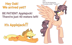 Size: 4000x2500 | Tagged: safe, artist:aonatsu_ki, artist:naturajellyfish, derpibooru import, applejack, oc, oc:oak, alicorn, earth pony, pony, comic:useless alicorn, alicorn oc, applejack is not amused, applejack's hat, clothes, cowboy hat, duo, duo female, excessive exclamation marks, exclamation point, eyeshadow, female, freckles, gritted teeth, hat, horn, large wings, lidded eyes, looking up, lying down, makeup, mare, question mark, raised hoof, raised leg, simple background, spread wings, tall, text, transparent background, unamused, wings