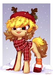 Size: 848x1200 | Tagged: safe, artist:sofiko-ko, derpibooru import, oc, oc only, earth pony, pony, antlers, boots, clothes, scarf, shoes, smiling, snow, snowfall, socks, solo, tongue, tongue out