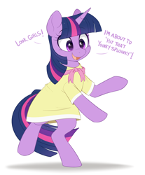 Size: 1400x1690 | Tagged: safe, artist:higglytownhero, derpibooru import, twilight sparkle, unicorn twilight, pony, unicorn, sweet and elite, adorkable, bipedal, birthday dress, clothes, cute, dancing, do the sparkle, dork, dress, female, jerma985, mare, open mouth, open smile, simple background, smiling, solo, talking, twiabetes, white background, yoinky sploinky