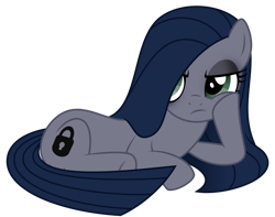 Size: 1006x794 | Tagged: safe, artist:reitanna-seishin, derpibooru import, oc, oc only, oc:minkie pie, earth pony, pony, annoyed, bags under eyes, female, lying down, mare, obsidian pie, simple background, solo, transparent background