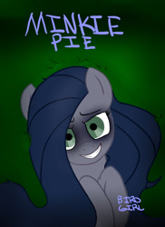 Size: 1024x1409 | Tagged: safe, artist:figg54, derpibooru import, oc, oc only, oc:minkie pie, earth pony, pony, bags under eyes, female, lying down, mare, no catchlights, obsidian pie, on back, smiling, solo, text