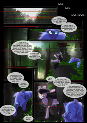 Size: 1240x1754 | Tagged: safe, artist:lunarcakez, derpibooru import, princess luna, oc, oc:mazzy, pony, comic:the origins of hollow shades, comic, s1 luna