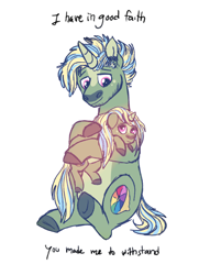 Size: 1028x1418 | Tagged: safe, artist:queenderpyturtle, derpibooru import, oc, oc only, pony, unicorn, female, filly, foal, holding a pony, male, simple background, stallion, white background