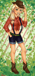 Size: 462x1000 | Tagged: safe, artist:akaruiyoso, derpibooru import, applejack, human, boots, clothes, cowboy boots, cowboy hat, denim shorts, female, hat, humanized, leaves, shoes, shorts, solo, suspenders