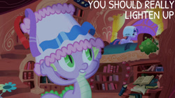 Size: 1280x720 | Tagged: safe, derpibooru import, edit, edited screencap, editor:quoterific, screencap, spike, twilight sparkle, unicorn twilight, dragon, pony, unicorn, friendship is magic, season 1, duo, female, golden oaks library, male, mare, night, pillow, pun