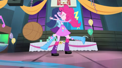 Size: 3410x1920 | Tagged: safe, derpibooru import, screencap, pinkie pie, twilight sparkle, equestria girls, rainbow rocks, shake your tail, balloon, basket, basketball, boots, clothes, collision, cutie mark on clothes, duo, duo female, eyes closed, female, high res, shoes, sports