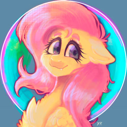 Size: 1280x1280 | Tagged: safe, artist:yumkandie, derpibooru import, fluttershy, pony, chest fluff, ear fluff, ears, fangs, floppy ears, freckles, solo