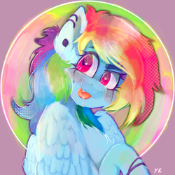 Size: 3500x3500 | Tagged: safe, artist:yumkandie, derpibooru import, rainbow dash, pegasus, pony, chest fluff, drool, drool string, ear fluff, ears, piercing, solo, tongue, tongue out