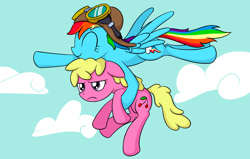 Size: 1392x886 | Tagged: safe, artist:reconprobe, derpibooru import, cherry berry, rainbow dash, earth pony, pegasus, pony, aviator hat, carrying, duo, flying, hat