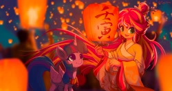 Size: 1920x1013 | Tagged: safe, artist:tinybenz, derpibooru import, sunset shimmer, twilight sparkle, twilight sparkle (alicorn), alicorn, human, pony, equestria girls, chinese new year, clothes, lantern, paper lantern, scarf