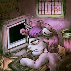 Size: 560x560 | Tagged: safe, artist:porcelanowyokular, derpibooru import, sweetie belle, pony, unicorn, computer, female, filly, foal, frown, indoors, solo