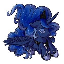 Size: 1280x1280 | Tagged: safe, artist:porcelaineyepie, artist:porcelanowyokular, derpibooru import, princess luna, alicorn, pony, ethereal mane, eyes closed, female, hoof shoes, horn, mare, peytral, simple background, starry mane, white background, wings