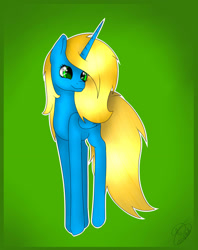 Size: 2177x2754 | Tagged: safe, artist:maneblue, derpibooru import, oc, oc only, alicorn, pony, alicorn oc, green background, horn, signature, simple background, smiling, solo, wings