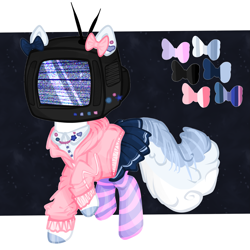 Size: 2449x2449 | Tagged: safe, artist:ponsel, derpibooru import, oc, oc only, earth pony, pony, aesthetics, bow, clothes, earth pony oc, hair bow, skirt, socks, solo, stockings, striped socks, television, thigh highs