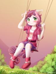 Size: 1800x2400 | Tagged: safe, artist:symbianl, derpibooru import, sweetie belle, equestria girls, :3, cute, diasweetes, pony ears, solo, swing, tail