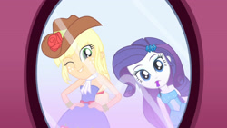 Size: 3410x1920 | Tagged: safe, derpibooru import, screencap, applejack, rarity, eqg summertime shorts, equestria girls, make up shake up, bare shoulders, cowboy hat, cute, duo, duo female, fall formal outfits, female, hairpin, hand on hip, hat, high res, jackabetes, mirror, mouth hold, one eye closed, reflection, sleeveless, smiling, strapless, wink