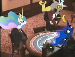 Size: 640x480 | Tagged: safe, derpibooru import, discord, princess celestia, princess luna, casino, meme, russian meme