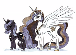 Size: 2464x1791 | Tagged: safe, artist:nambnb, derpibooru import, princess celestia, princess luna, alicorn, pony, duo, duo female, female, looking at you, mare, royal sisters, s1 luna, siblings, simple background, sisters, white background